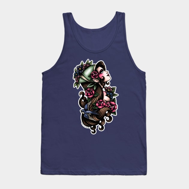 Flower Girl Aerith from Final Fantasy Tactics (FFT & FF7) in American Traditional Tattoo Portrait Style Tank Top by SamInJapan